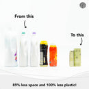 Vergleich von großen Plastikflaschen mit einer kleinen Kartonschachtel, der 85% weniger Platz und 100% weniger Plastik zeigt.