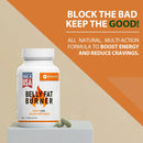 Ein Nahrungsergänzungsmittel von WellnessPro namens „Belly Fat Burner" ist zu sehen, beworben mit dem Slogan „BLOCK THE BAD KEEP THE GOOD!" Es wird als „ALL NATURAL" und „MADE IN USA" beschrieben.