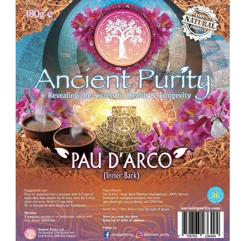Ein brauner Papierbeutel mit "Ancient Purity Pau D'arco (Inner Bark)" und einem farbenfrohen Etikett, das einen alten Maya- oder Aztekenkalender und rosa Blumen zeigt.
