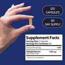 Eine Hand hält eine goldene Shilajit-Kapsel vor einem dunkelblauen Hintergrund, daneben eine Nährwerttabelle mit 1000 mg Shilajit-Extrakt (20% Fulvinsäure) pro Portion, 120 Kapseln und einem 60-Tage-Vorrat.
