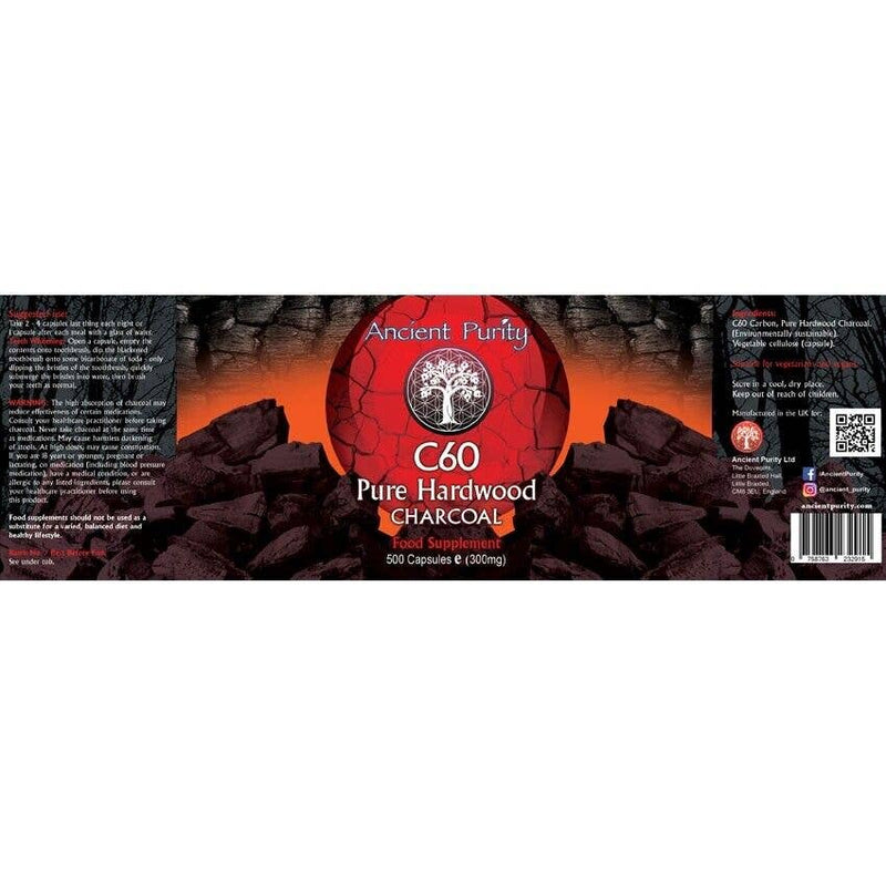Ein Etikett für „Ancient Purity C60 Pure Hardwood Charcoal“ mit Produktinformationen und Kontaktdaten.