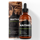 Maitake-Pilzflüssigkeit in einer braunen 60 ml Pipettenflasche vor Verpackung mit Pilzabbildung. Text betont Antioxidantien.