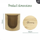 Produktabmessungen für einen Bambushalter für wiederverwendbare Wattepads: 10 cm Höhe und 10 cm Breite, mit dem "Bamboozy"-Logo auf dem Deckel.