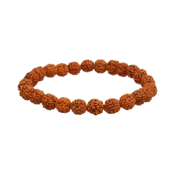 Elastisches Perlenarmband aus hellbraunen, natürlich strukturierten, mehrflächigen Rudraksha-Samen.