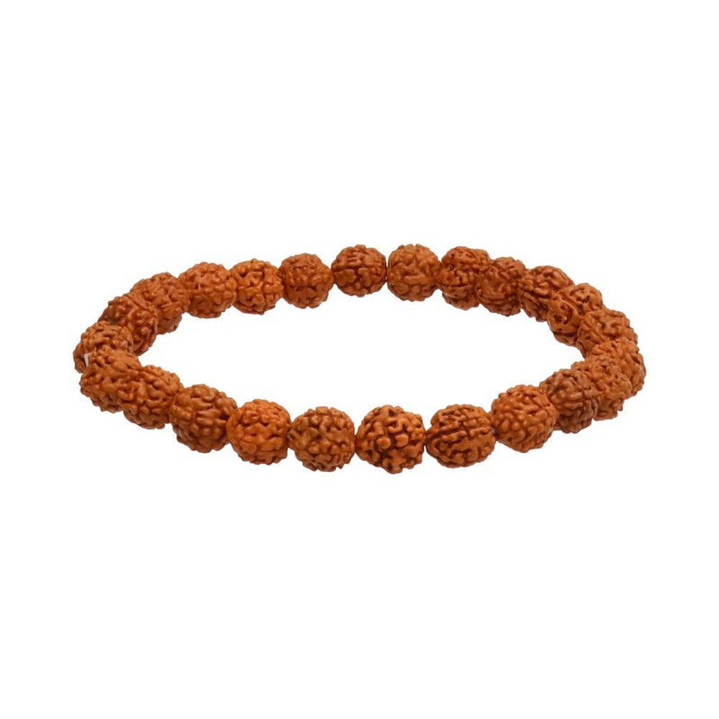 Elastisches Perlenarmband aus hellbraunen, natürlich strukturierten, mehrflächigen Rudraksha-Samen.