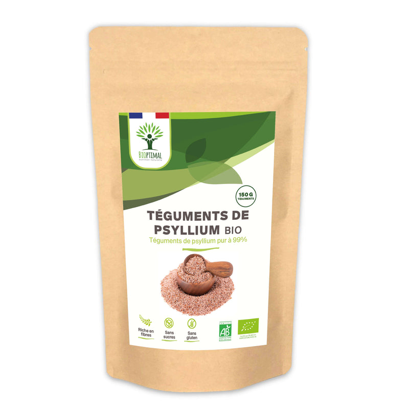 Brauner Beutel Bioptimal Bio Psyllium-Tegumente (150 g), reich an Ballaststoffen, zucker- und glutenfrei, mit AB-Bio-Siegel.