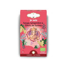 Eine rote Teepackung für ayurvedischen Kräutertee mit einem Bild von Ganesha und den französischen Angaben: "Je suis Sauge, Gingembre & Fleurs de Sureau (Ich bin Salbei, Ingwer & Holunderblüten) - 1. Chakra".