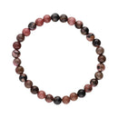 Elastisches Perlenarmband mit polierten, kleinen runden Rhodonit-Steinen in gesprenkelten Rosa-, Rosé- und Dunkelbraun-/Schwarz-Tönen.