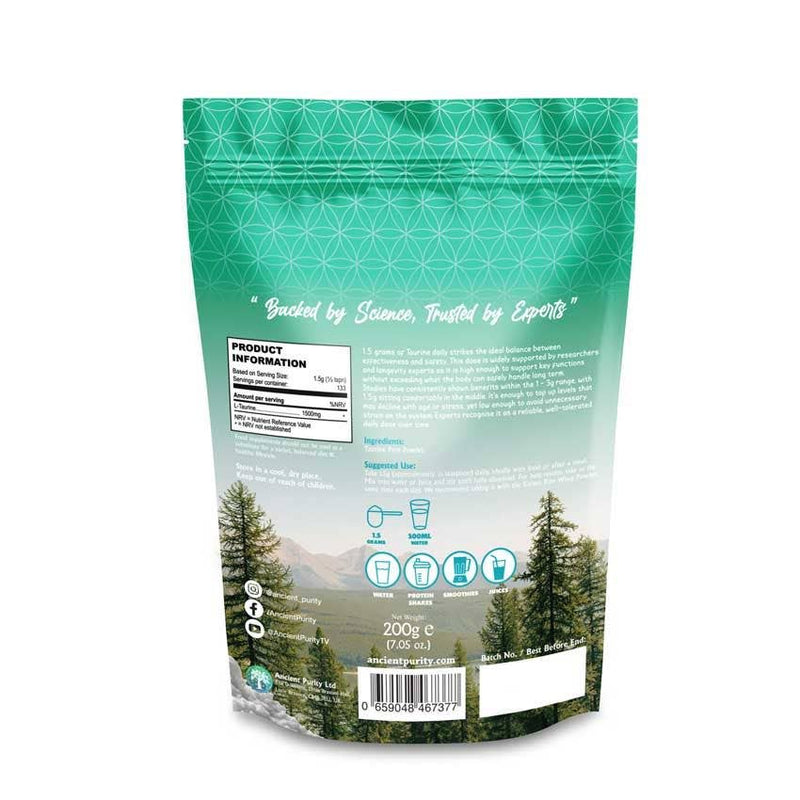 Die Rückseite der Taurin-Verpackung, mit Produktinformationen, Verzehrempfehlungen und Zubereitungsvorschlägen.

