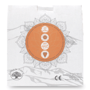 Die Rückseite einer Produktverpackung der Marke GREEN TREE mit einem orangen Mandala-Design, das die Vorteile der Lampe (z.B. 100% Eco Friendly, 100% Natural Air Ionizer) beschreibt.
