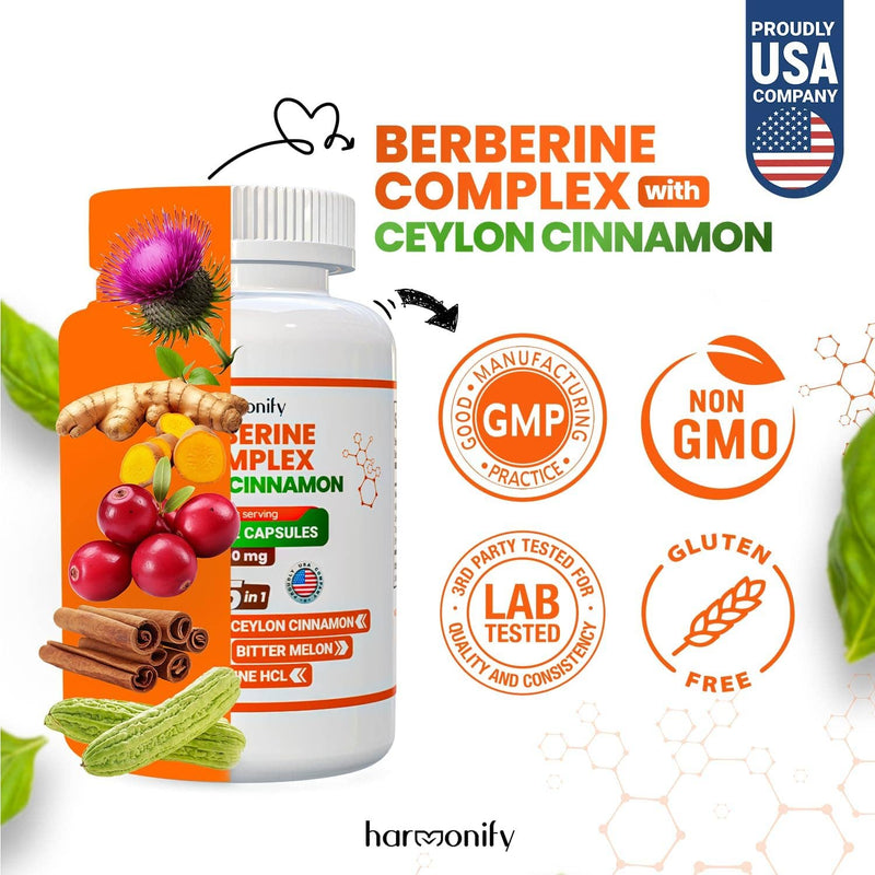 HARMONIFY Berberine with Ceylon Cinnamon, Pure Turmeric, Milk Thistle &amp; Bitter Melon, 5-in-1 Formula, 120 Purified Vegetable Capsules 1000 mg | Gluten-Free, Non-GMO
