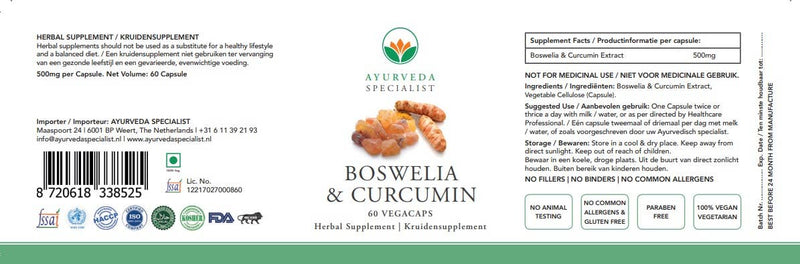 Ayurveda Specialist BV - Boswellia &amp; Curcumin Capsules – 500 mg high dose for joint, heart &amp; cell protection