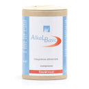 Ein zylindrischer Kartonbehälter eines Nahrungsergänzungsmittels namens AlkaBasic von ERBAVOGLIO. Das Etikett kennzeichnet das Produkt als „Integratore alimentare“ (Nahrungsergänzungsmittel) in Form von „compresse“ (Tabletten).