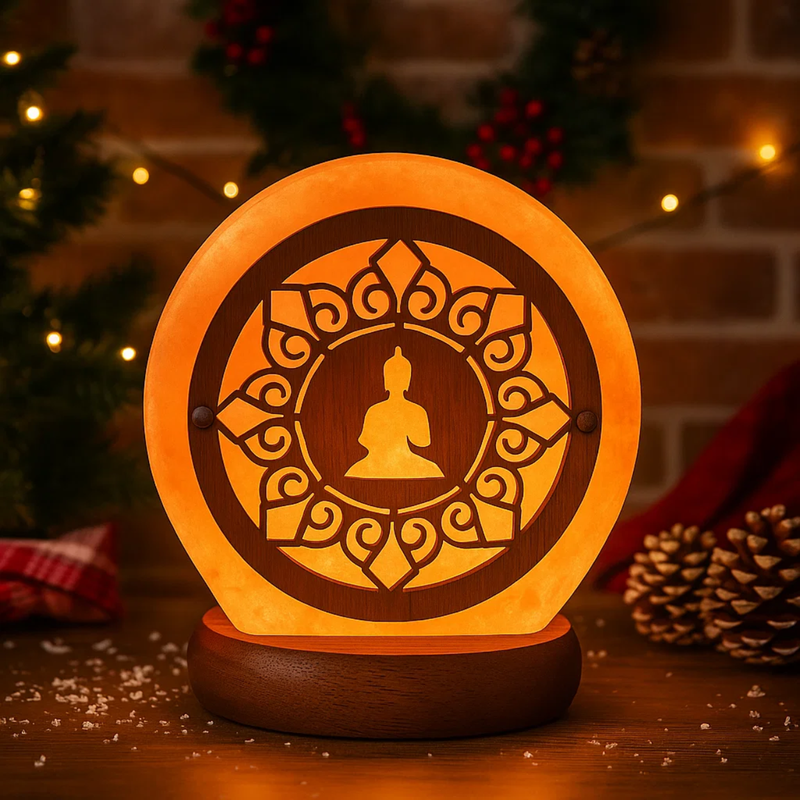 Eine runde, leuchtende Salzlampe mit einem ausgeschnittenen Buddha- und Mandala-Design auf einem Holzboden, umgeben von weihnachtlicher Dekoration und Lichterketten.