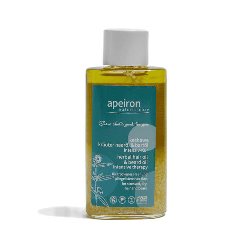 Huile capillaire et huile à barbe aux herbes Apeiron Keshawa 100 ml Gl.Fl.