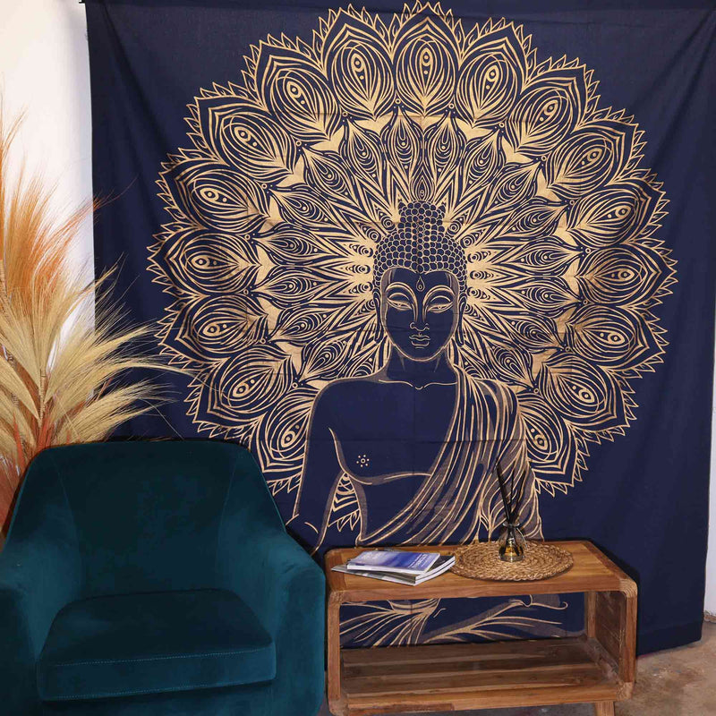 Bettdecke, Ritualtuch, Wandbehang für 2 Personen aus Baumwolle und Wandteppich, Buddha, Blaugold - 230 cm x 200 cm