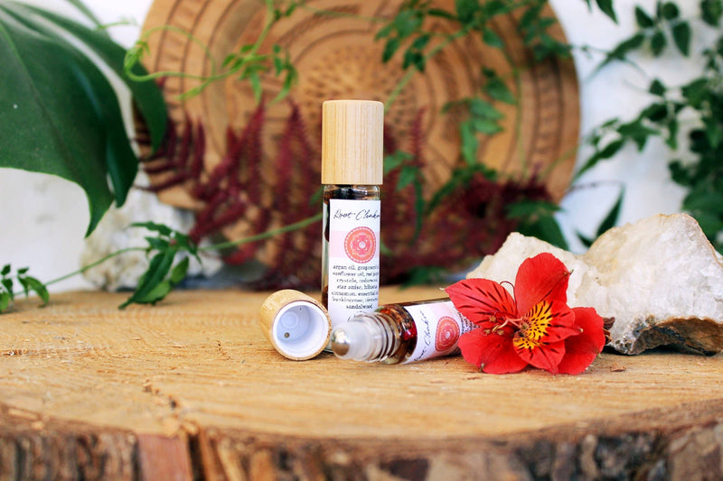 Balancing Root Chakra Oil with Herbs and Crystals
