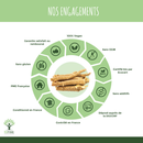 Kreisförmige Infografik mit dem Titel 'Nos Engagements' mit Vorteilen der Bioptimal-Produkte, darunter 100% vegan, Bio-Zertifizierung, keine Zusatzstoffe, glutenfrei und französische Produktion, zentriert um Ashwagandha-Wurzeln