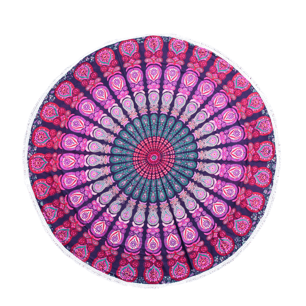 Toile rituelle ronde « Mandala Lavande » avec pompons en coton, diamètre 180 cm