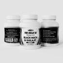 Drei weiße Flaschen mit der Aufschrift "PURE SHILAJIT UK Himalayan extract BLACK MACA & SHILAJIT 500MG 60 KAPSELN NAHRUNGSERGÄNZUNGSMITTEL", mit schwarz-weißem Etikettendesign.