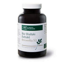 Dunkelbernsteinfarbene Nahrungsergänzungsflasche mit weißem Etikett und Deckel, zeigt „Bio Shallaki Extrakt Boswellia 50“ unter der Marke „Classic Ayurveda“. Minimalistisches Design.