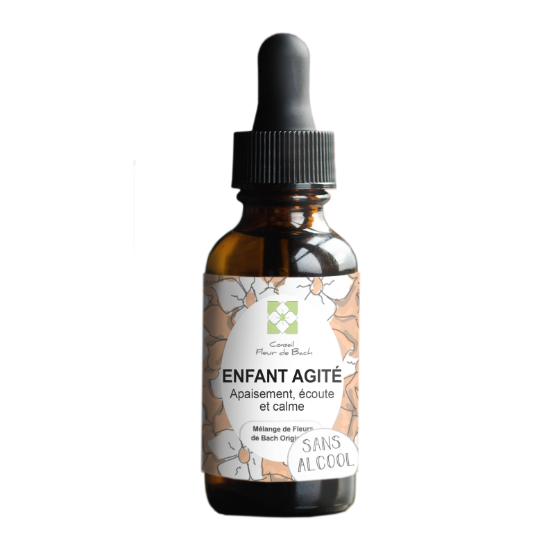 Eine isolierte bernsteinfarbene Flasche "Conseil Fleur de Bach ENFANT AGITÉ Apaisement, écoute et calme" mit Pipette und einem Etikett mit Blumenmuster, die den alkoholfreien Bachblütenmix für unruhige Kinder darstellt.