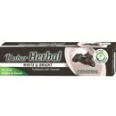 Eine schwarze und weiße Zahnpastatube mit dem Logo "Dabur Herbal White & Bright Toothpaste with Charcoal". Ein Bild von Holzkohle ist sichtbar, und es ist als "Free from Paraben & Flouride" gekennzeichnet.