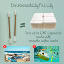 Bild, das wiederverwendbare Wattestäbchen als umweltfreundlich bewirbt, besagt, dass zwei wiederverwendbare Stäbchen bis zu 2.000 Einweg-Stäbchen ersetzen können und so Plastikverschmutzung an Stränden und in Ozeanen vermeiden.