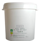 Großer weißer Eimer mit Aumyana Kokosnussöl Nativ und Bio-Siegeln.