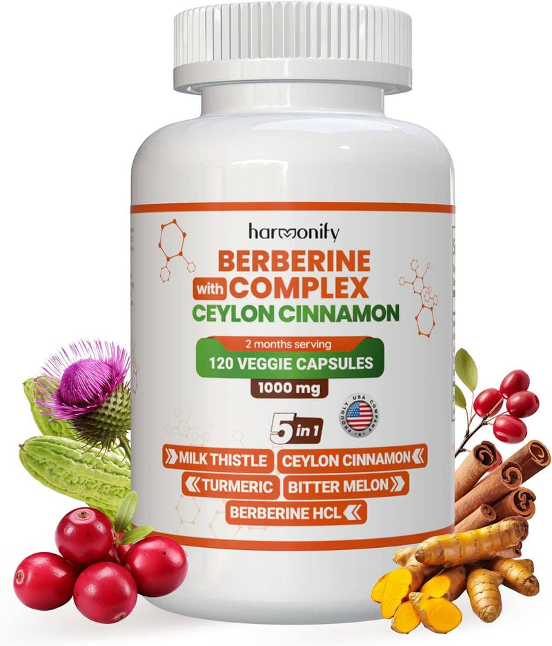 HARMONIFY Berberine with Ceylon Cinnamon, Pure Turmeric, Milk Thistle &amp; Bitter Melon, 5-in-1 Formula, 120 Purified Vegetable Capsules 1000 mg | Gluten-Free, Non-GMO