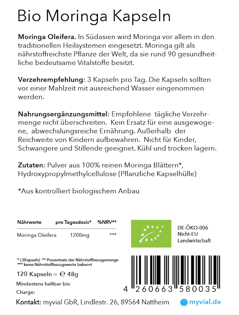 Bio Moringa Kapseln 120 Stück - Vegan