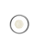 Ein kreisförmiger, klarer Glasuntersetzer oder Teller, von oben gesehen. Das Zentrum ist mit dem geometrischen Symbol der Blume des Lebens in goldähnlicher Farbe verziert.