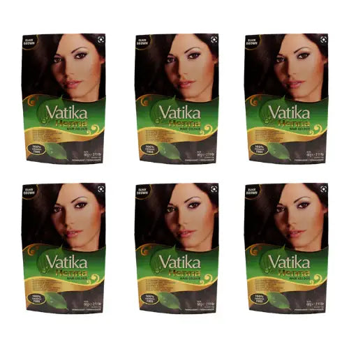 Ein Set von sechs einzelnen Paketen Vatika Henna Haarfarbe in der Nuance Black Brown, auf deren Verpackung jeweils eine Frau mit dunklen Haaren abgebildet ist.