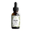 Eine isolierte bernsteinfarbene Flasche "Conseil Fleur de Bach PEURS Rassure Apaise Encourage" mit Pipette und einem Etikett mit Blumenmuster, die den Bachblütenmix gegen Ängste darstellt.