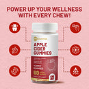 Eine Grafik, die ProGummies Apple Cider Gummies (60 vegane Gummibärchen) bewirbt, mit dem Slogan „Power Up Your Wellness with Every Chew!“ Die zentrale Flasche ist von sechs runden Symbolen umgeben, die verschiedene Wellness-Vorteile darstellen.