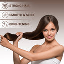 Eine Frau mit langem, glattem, glänzendem mittelbraunem Haar hält eine dicke Strähne hoch, um ihre Qualität zu zeigen. Überlagerter Text listet drei Vorteile auf: "STRONG HAIR" (Starkes Haar), "SMOOTH & SLEEK" (Glatt und Geschmeidig) und "BRIGHTENING" (Aufhellend/Glänzend), jeweils mit einem passenden Symbol.