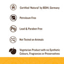 Eine Liste der Produkteigenschaften, darunter: Von BDIH als 'Naturprodukt' zertifiziert, erdölfrei, blei- und parabenfrei, nicht an Tieren getestet und vegetarisch.