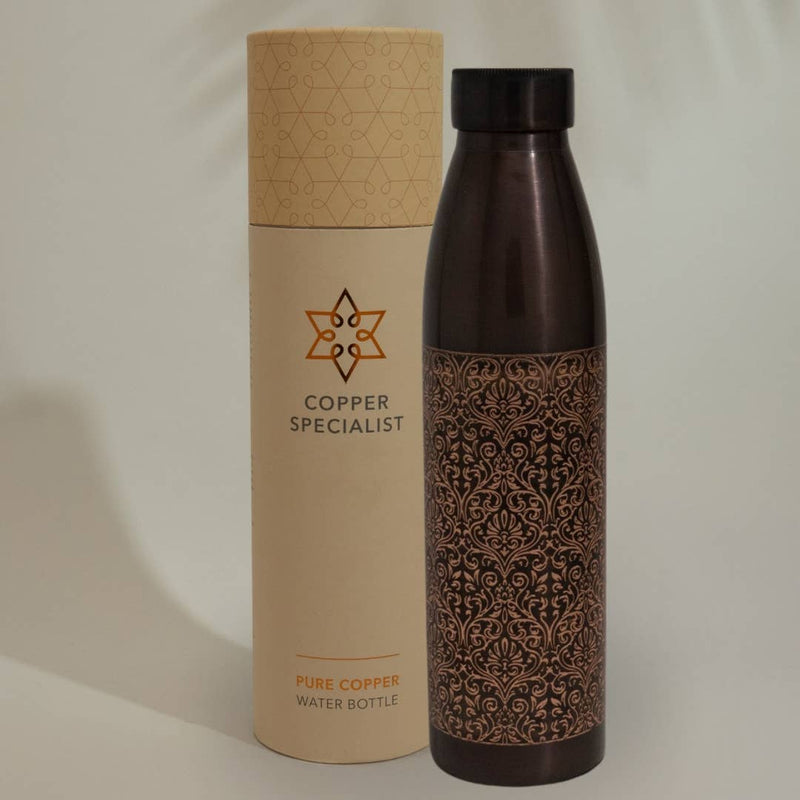 Ayurveda Kupferflasche 950 ml – Antike Wasserflasche aus Kupfer mit Ornament-Gravur