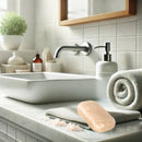 Ein rosa Himalaya-Salzseifenstück liegt auf einer Marmorarbeitsplatte mit Salzkristallen und einem gerollten Handtuch in einem hellen, modernen Badezimmer.