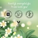 Ein lebhaftes Bild, das den "Fresh Spring" Wäscheduft von Cosmeau bewirbt, betont den langanhaltenden Duft (bis zu 12 Wochen), die Eignung für alle Farben und Materialien und die Dual-Duft-Technologie. Es ist auch als tierversuchsfrei und vegan zertifiziert, vor dem Hintergrund weißer Plumeria-Blumen und grüner Blätter.