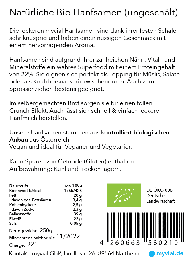 Bio Hanfsamen ungeschält 250g aus Österreich