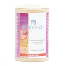 Ein zylindrischer Behälter des ErbaVoglio „MENO EASY“ Nahrungsergänzungsmittels, mit einem rosa/violetten Etikett und einer Blumenillustration, gekennzeichnet als Pflanzenkapsel-Ergänzungsmittel auf Basis von Pfaffia und Dioscorea.