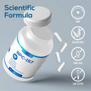 Eine "Scientific Formula"-Flasche Harmonify BPC-157 Nahrungsergänzungsmittel mit zerstreuten weißen Kapseln. Symbole für GMP, glutenfrei, gentechnikfrei und laborgetestet werden gezeigt.
