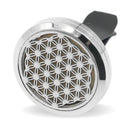 Runder Auto-Diffusor-Clip aus Metall mit dem Motiv der Blume des Lebens auf der Vorderseite.