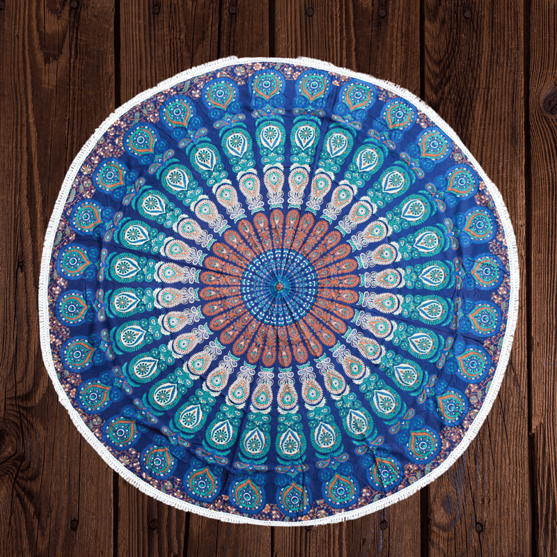 Runde Leinwand „Blue Mandala“ mit Baumwollquasten 180cm
