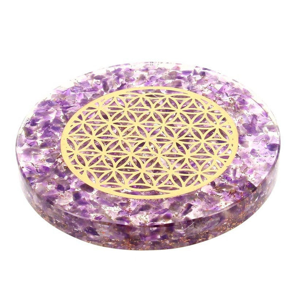 Artisans de Madagascar - Tablett Blume des Lebens mit Amethyst-Orgonit, 10 cm