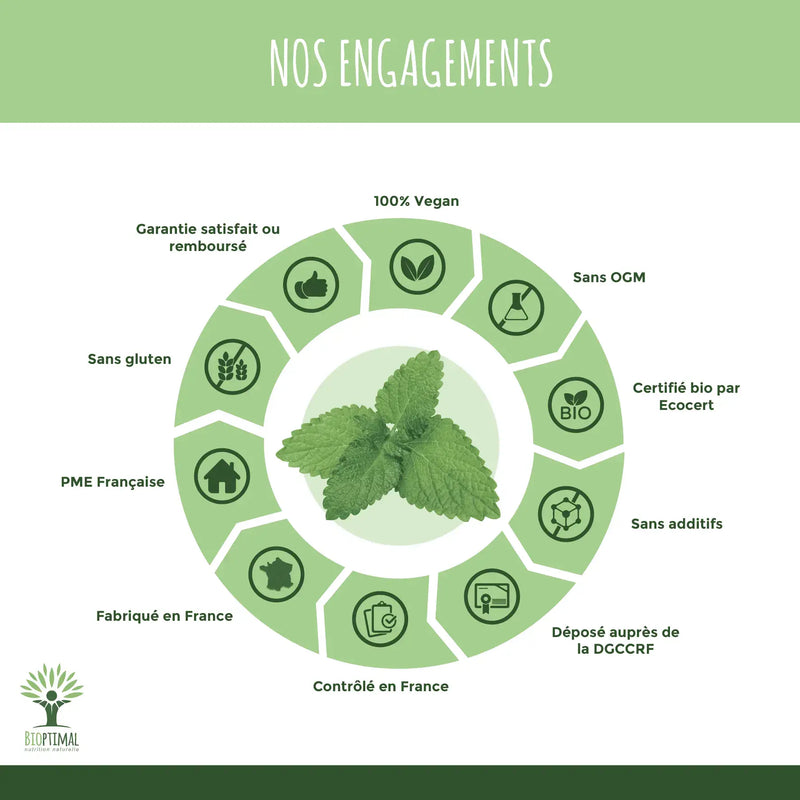Bioptimal Sommeil Bio Versprechen: vegan, glutenfrei, Bio, in Frankreich hergestellt, ohne Zusatzstoffe, Ecocert-zertifiziert und in Frankreich kontrolliert.