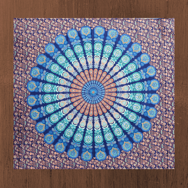 Tenture murale en tissu rituel « Mandala bleu » en coton 200 x 220 cm