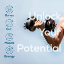 Ein muskulöser Arm hält eine Hantel, mit dem Text „Unlock Your Potential“ und Icons, die die Vorteile für Knochen, Darm, Muskeln und Energie hervorheben.
