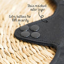 Nahaufnahme der Außenschicht einer schwarzen wiederverwendbaren Binde, zeigt zusätzliche Knöpfe für Sicherheit und eine schmutzabweisende Oberfläche.